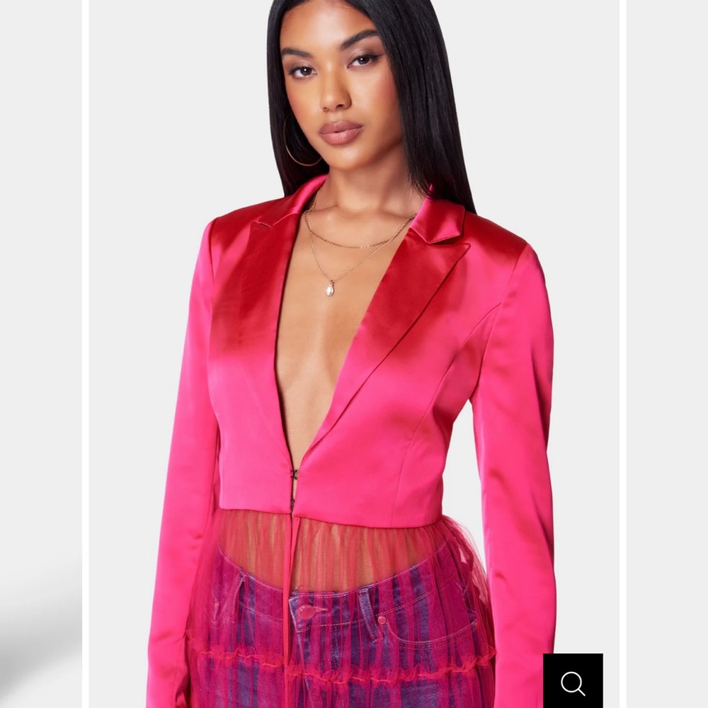 Bebe Pink Satin Blazer with Sheer Detail